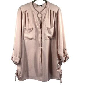 Cocomo‎ Woman Blouse Top 1X Soft Pink Roll Tab 3/4 Sleeve Pleated Pullover